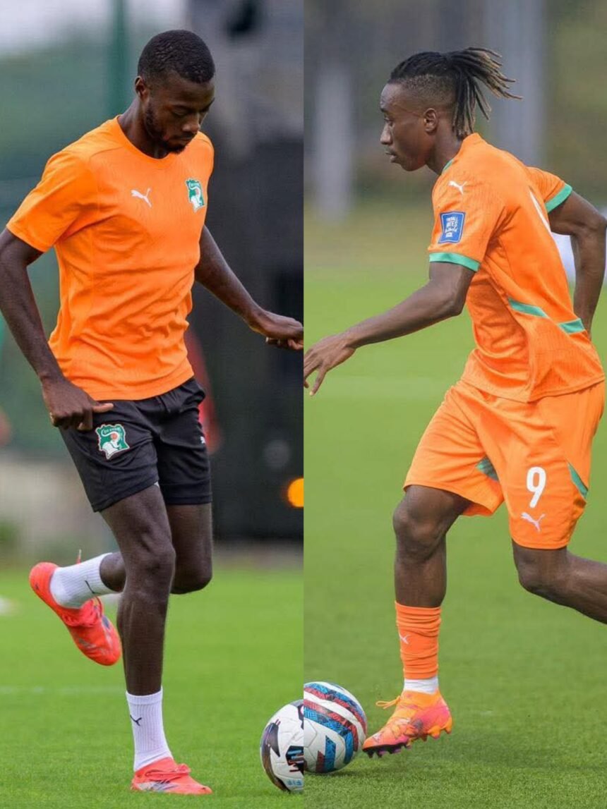 performance: Un graphique d'annonce officielle de la Fédération Ivoirienne de Football en mars 2026, détaillant la convocation de Nicolas Pépé en remplacement de Yan Diomandé, forfait sur blessure, avant les matchs amicaux contre la Corée du Sud et l'Écosse.