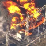 Électricité: De grandes flammes oranges et une épaisse fumée noire s'élevant du poste électrique de la Djibi à Cocody, Abidjan, lors d'un incendie majeur dans la nuit du 22 mars 2026, ayant provoqué de vastes coupures d'électricité.