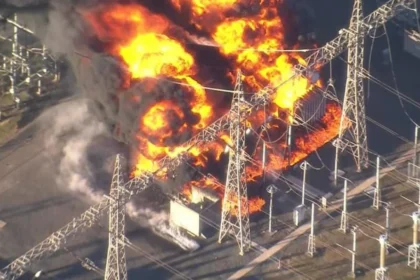 Électricité: De grandes flammes oranges et une épaisse fumée noire s'élevant du poste électrique de la Djibi à Cocody, Abidjan, lors d'un incendie majeur dans la nuit du 22 mars 2026, ayant provoqué de vastes coupures d'électricité.